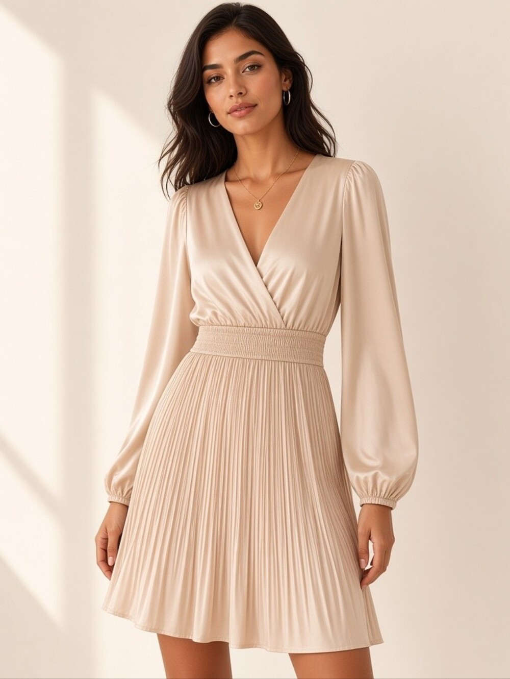 She + Sky Size M Champagne Pleated Long Sleeve Surplice Mini Dress Boho Romantic